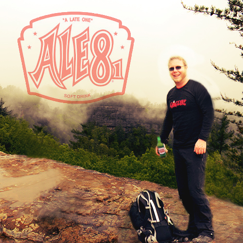 Advertisement for Ale 8 featuring handsome man on a mountain top